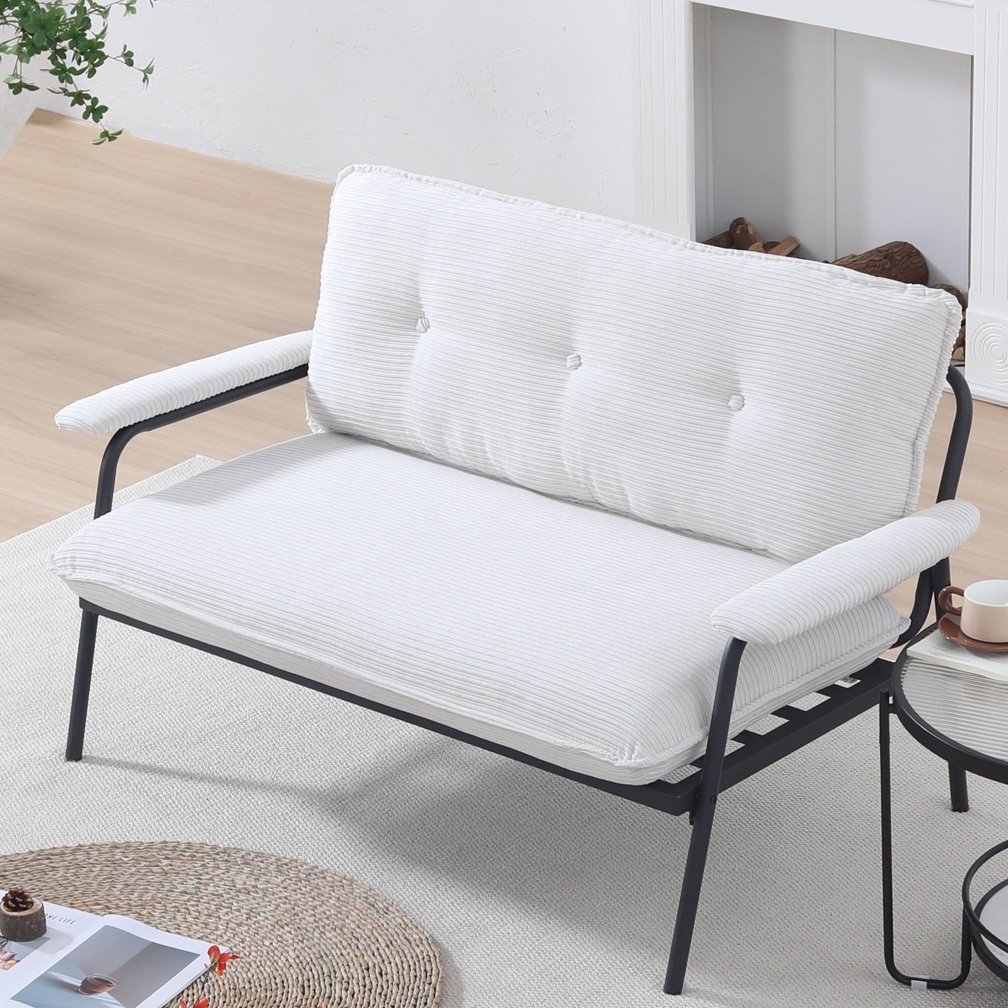 Canapé 2 places beige de 53 pouces avec cadre en métal pour petits espaces, mélange de polyester, mobilier d'appartement compact et moderne