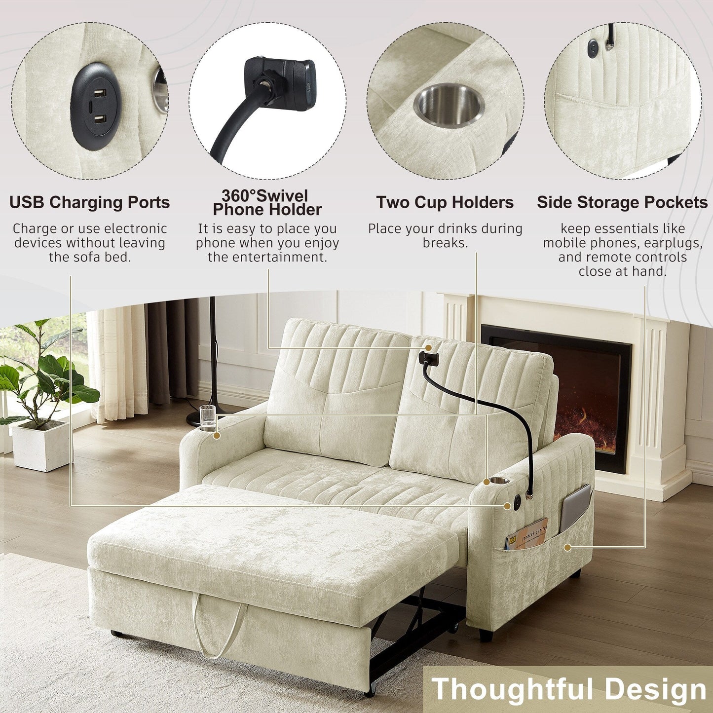 Canapé convertible en chenille de 53,9 po avec lit gigogne, 3 ports USB et rangement intelligent