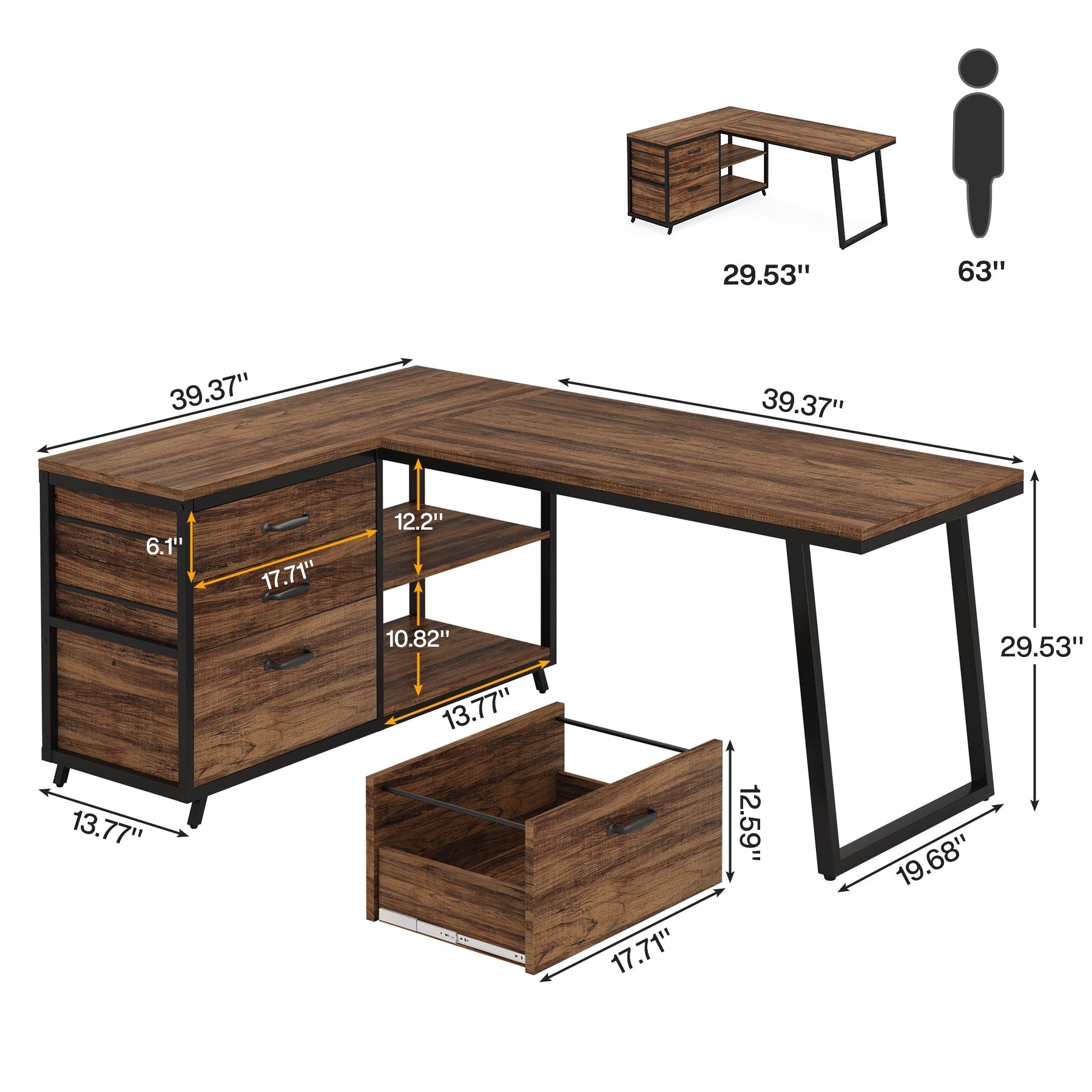 Bureau réversible en L avec tiroirs classeurs, bureau d'angle pour ordinateur