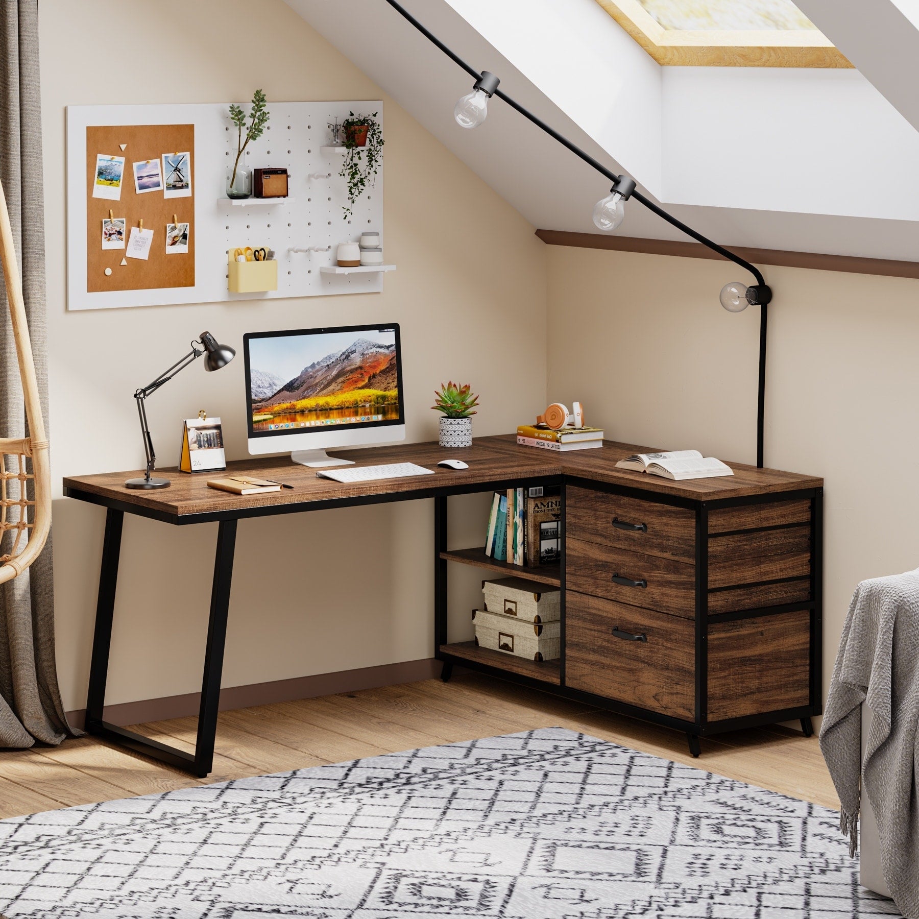 Bureau réversible en L avec tiroirs classeurs, bureau d'angle pour ordinateur