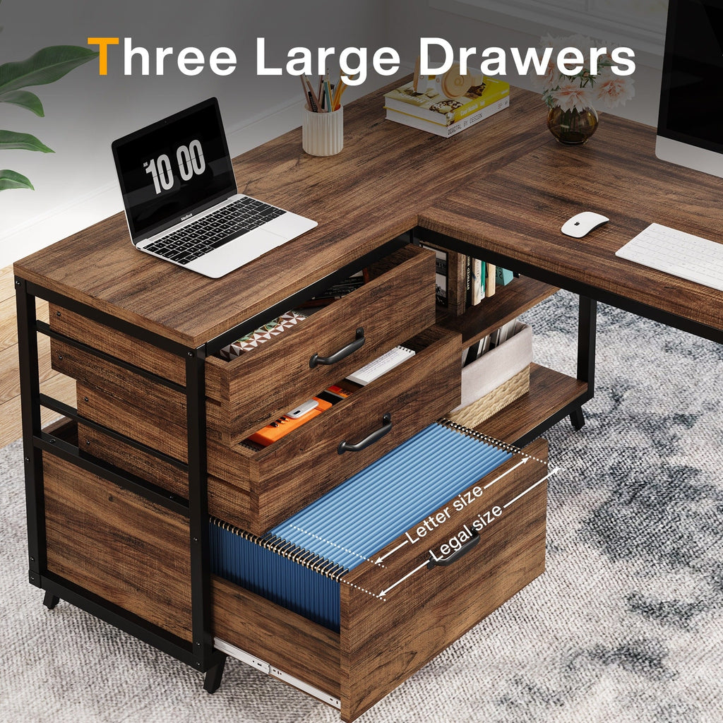 Bureau réversible en L avec tiroirs classeurs, bureau d'angle pour ordinateur