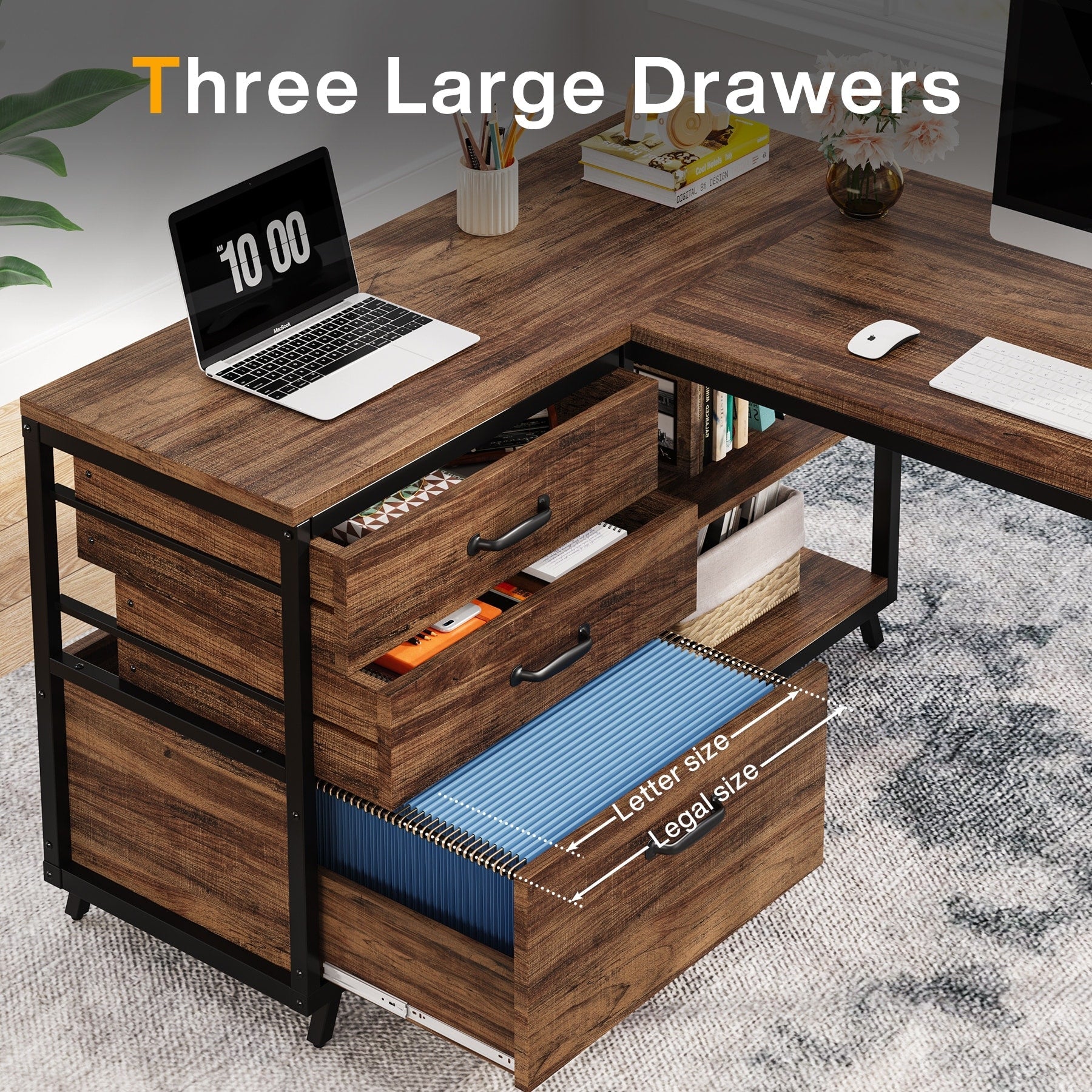 Bureau réversible en L avec tiroirs classeurs, bureau d'angle pour ordinateur