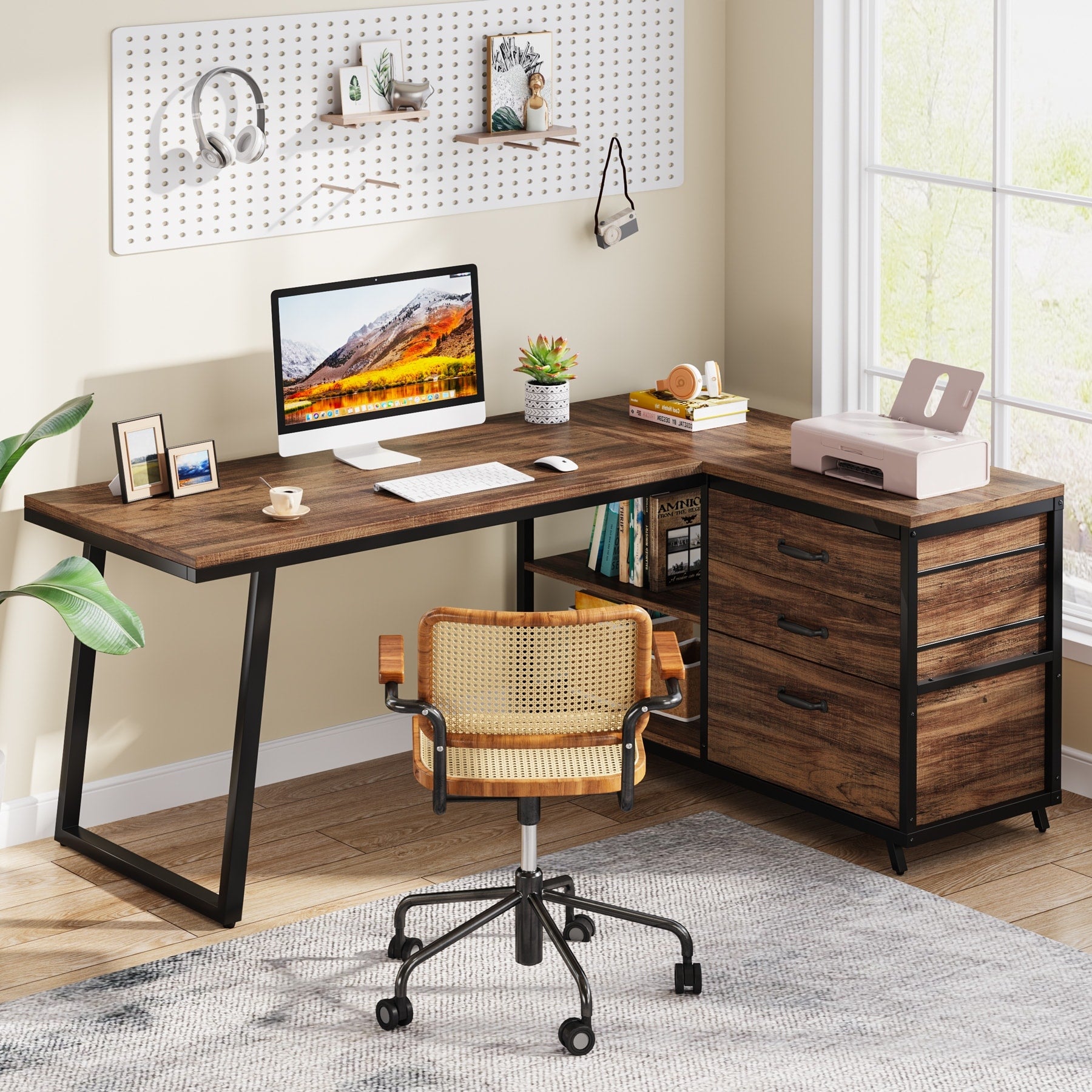 Bureau réversible en L avec tiroirs classeurs, bureau d'angle pour ordinateur