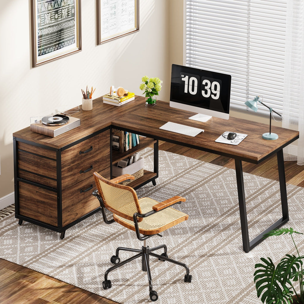 Bureau réversible en L avec tiroirs classeurs, bureau d'angle pour ordinateur