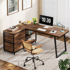 Bureau réversible en L avec tiroirs classeurs, bureau d'angle pour ordinateur