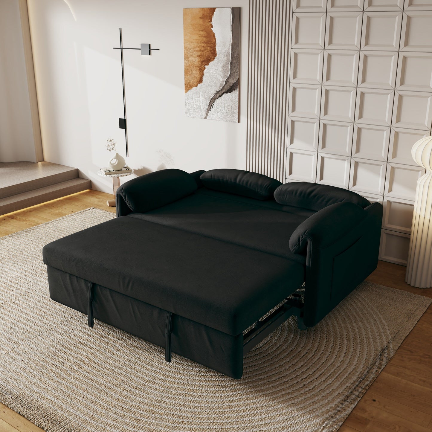 Canapé-lit en velours de 54 pouces - Design polyvalent avec lit queen-size rétractable et rangement pour accoudoirs