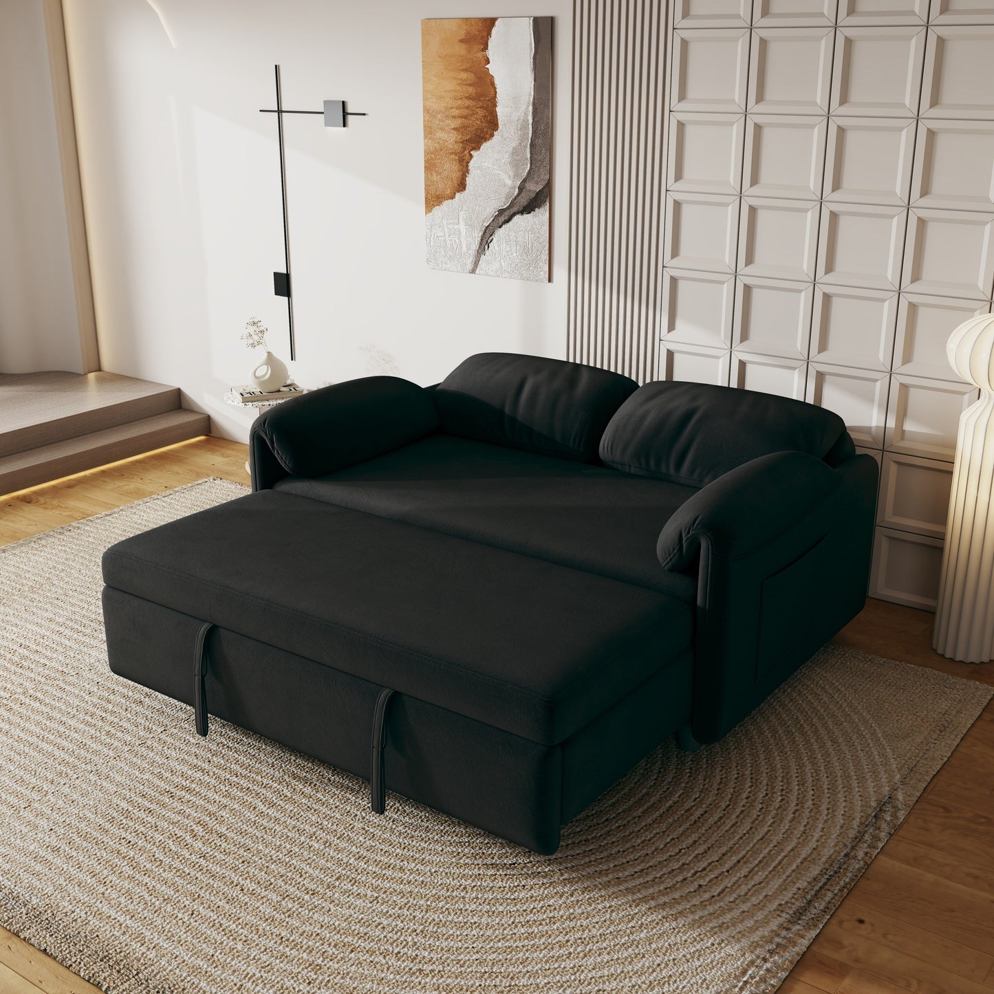 Canapé-lit en velours de 54 pouces - Design polyvalent avec lit queen-size rétractable et rangement pour accoudoirs