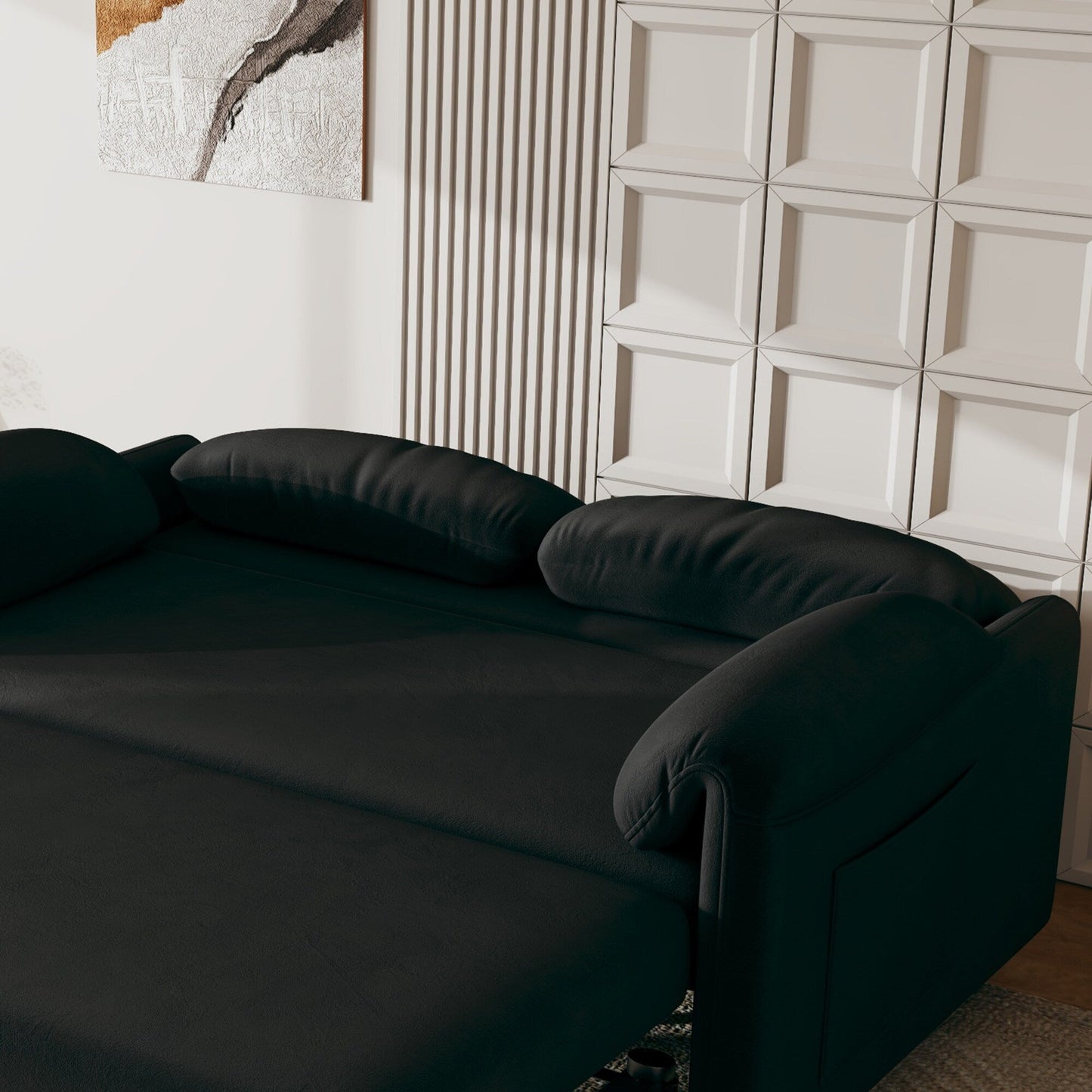 Canapé-lit en velours de 54 pouces - Design polyvalent avec lit queen-size rétractable et rangement pour accoudoirs