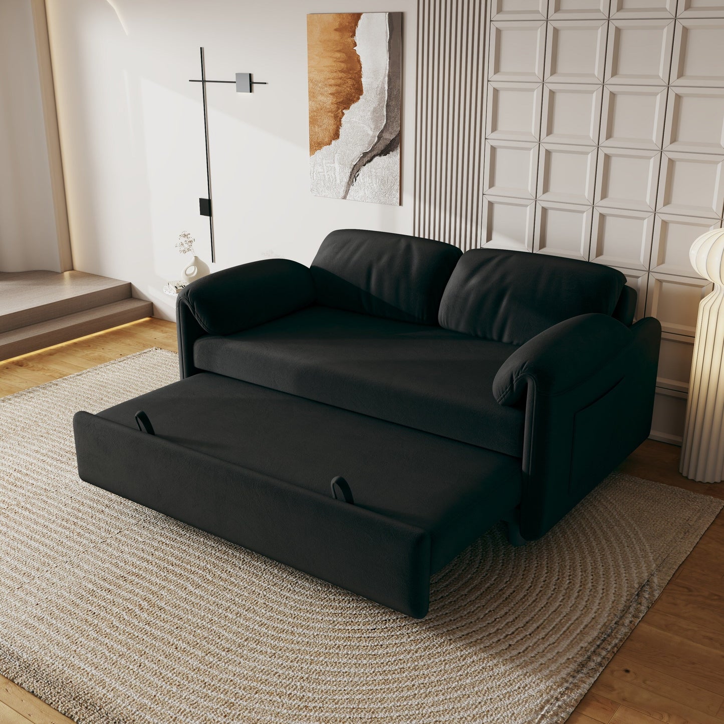 Canapé-lit en velours de 54 pouces - Design polyvalent avec lit queen-size rétractable et rangement pour accoudoirs