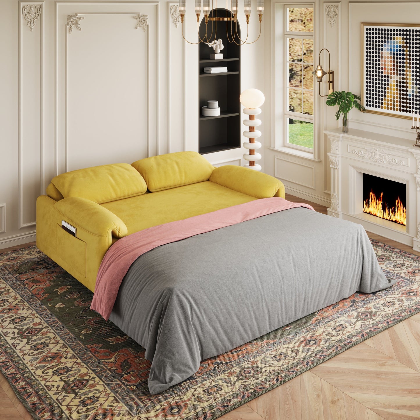 Canapé-lit en velours de 54 pouces - Design polyvalent avec lit queen-size rétractable et rangement pour accoudoirs