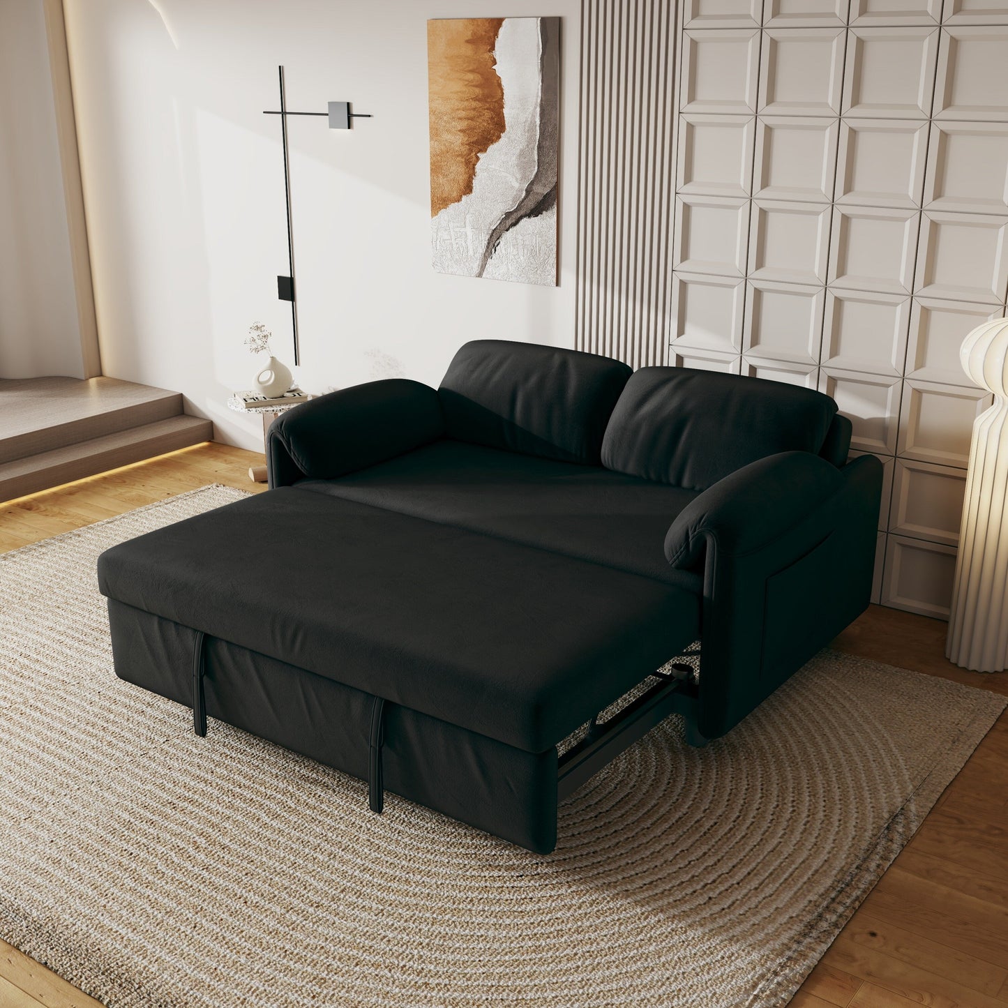 Canapé-lit en velours de 54 pouces - Design polyvalent avec lit queen-size rétractable et rangement pour accoudoirs