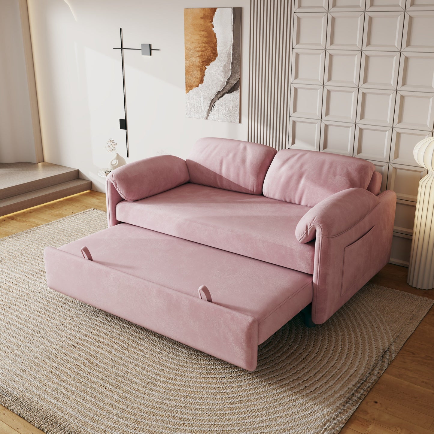 Canapé-lit en velours de 54 pouces - Design polyvalent avec lit queen-size rétractable et rangement pour accoudoirs