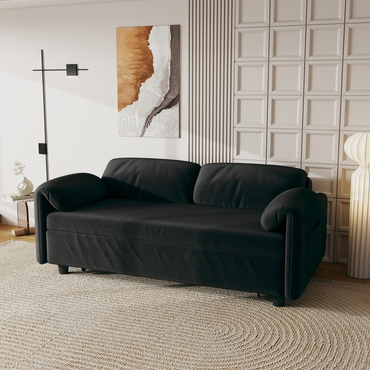 Canapé-lit en velours de 54 pouces - Design polyvalent avec lit queen-size rétractable et rangement pour accoudoirs