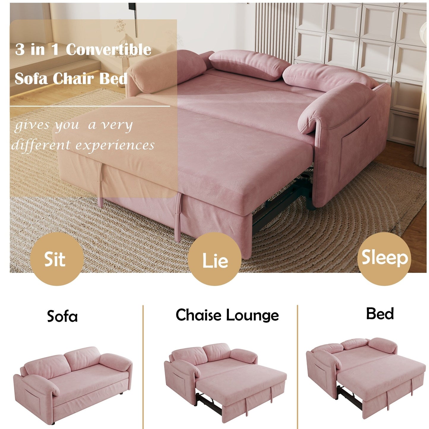 Canapé-lit en velours de 54 pouces - Design polyvalent avec lit queen-size rétractable et rangement pour accoudoirs