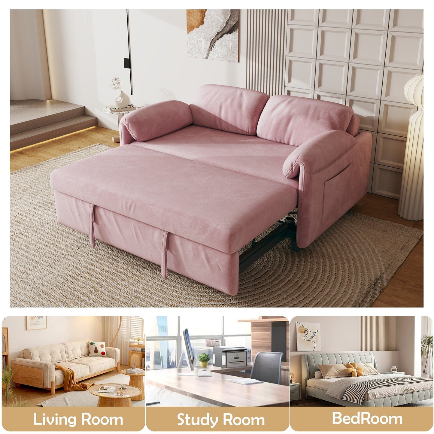 Canapé-lit en velours de 54 pouces - Design polyvalent avec lit queen-size rétractable et rangement pour accoudoirs