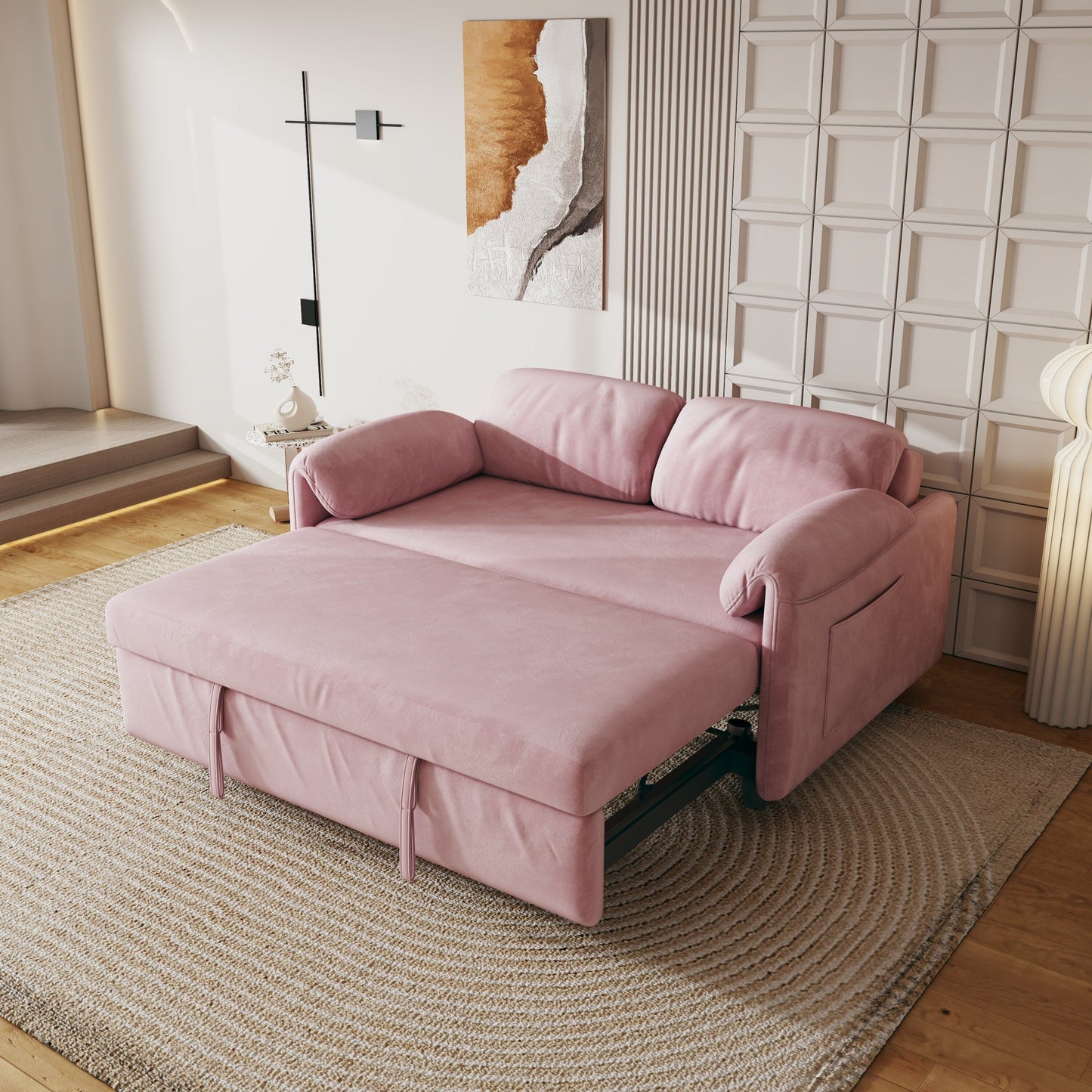 Canapé-lit en velours de 54 pouces - Design polyvalent avec lit queen-size rétractable et rangement pour accoudoirs