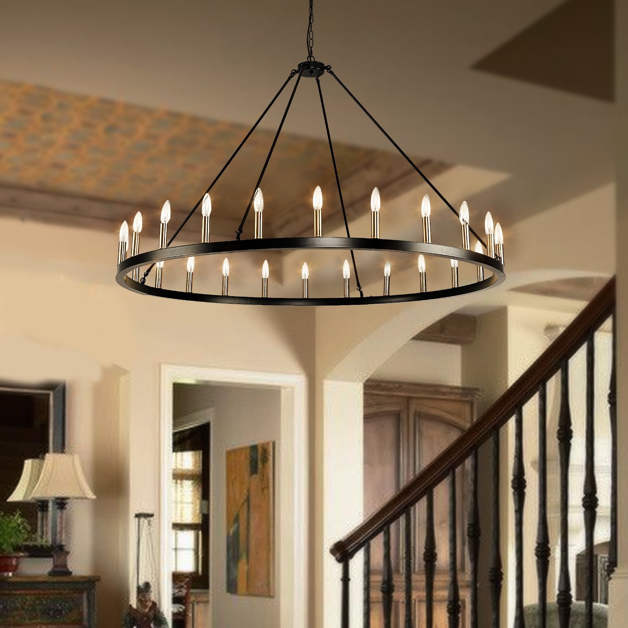 Lustre rond à 24 lumières en forme de roue de chariot de 54 pouces