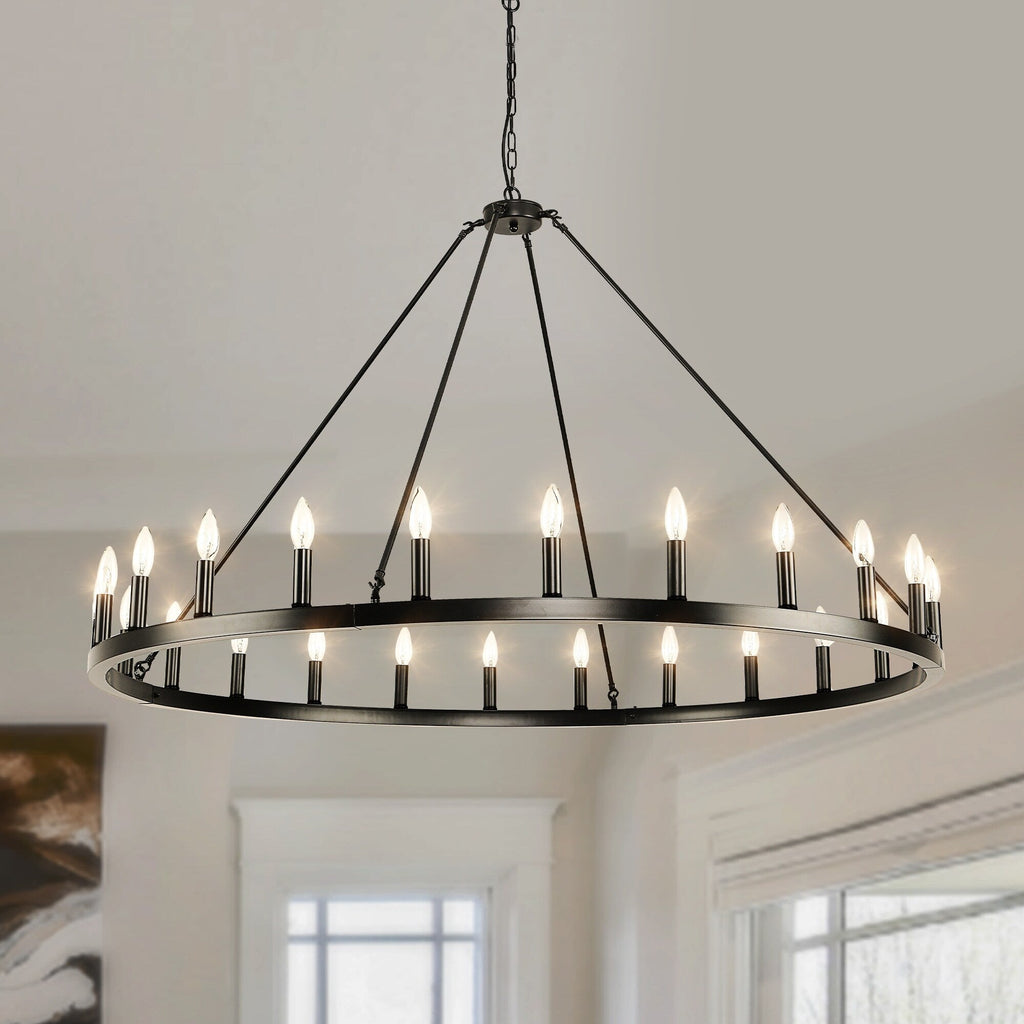 Lustre rond à 24 lumières en forme de roue de chariot de 54 pouces