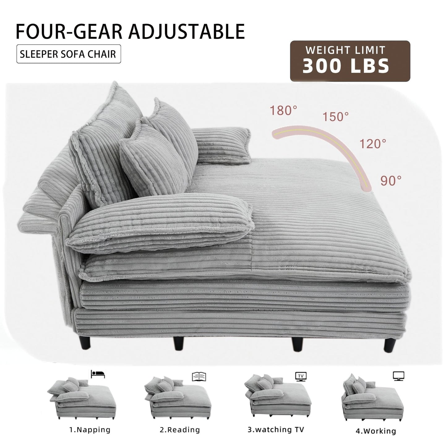 Chaise longue surdimensionnée de 54,75 W, canapé-lit moelleux et rembourré avec 2 oreillers