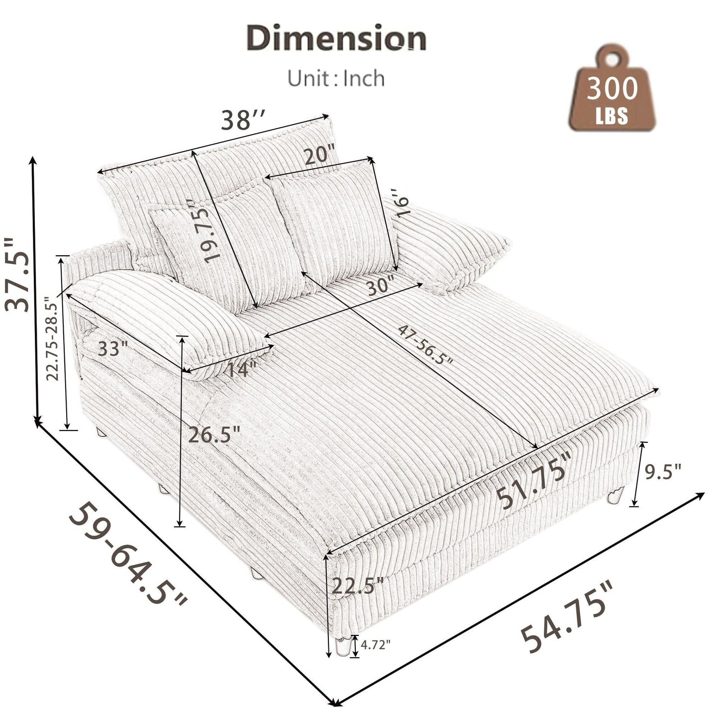 Chaise longue surdimensionnée de 54,75 W, canapé-lit moelleux et rembourré avec 2 oreillers