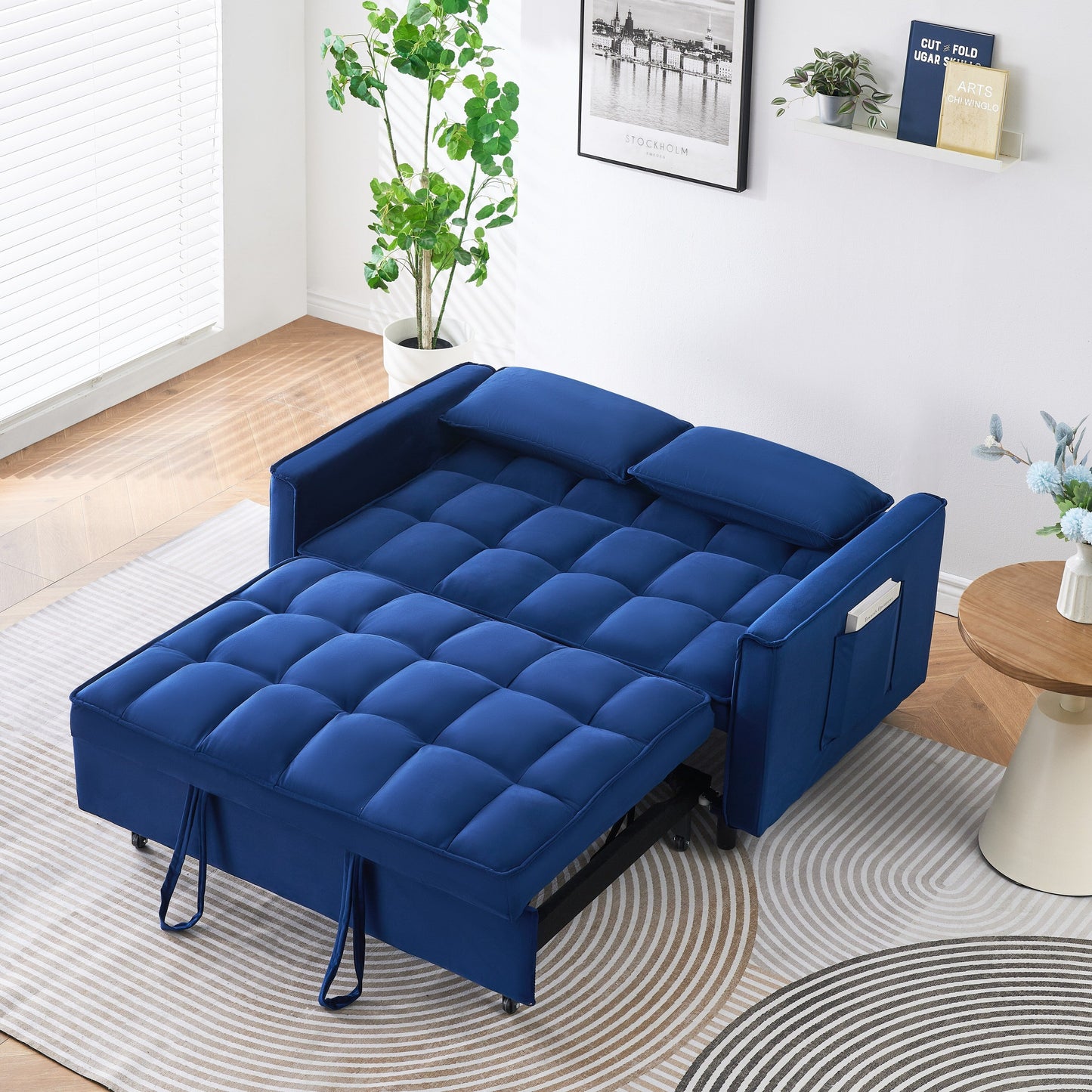 Canapé convertible 3 en 1 en velours bleu de 55 pouces avec poches