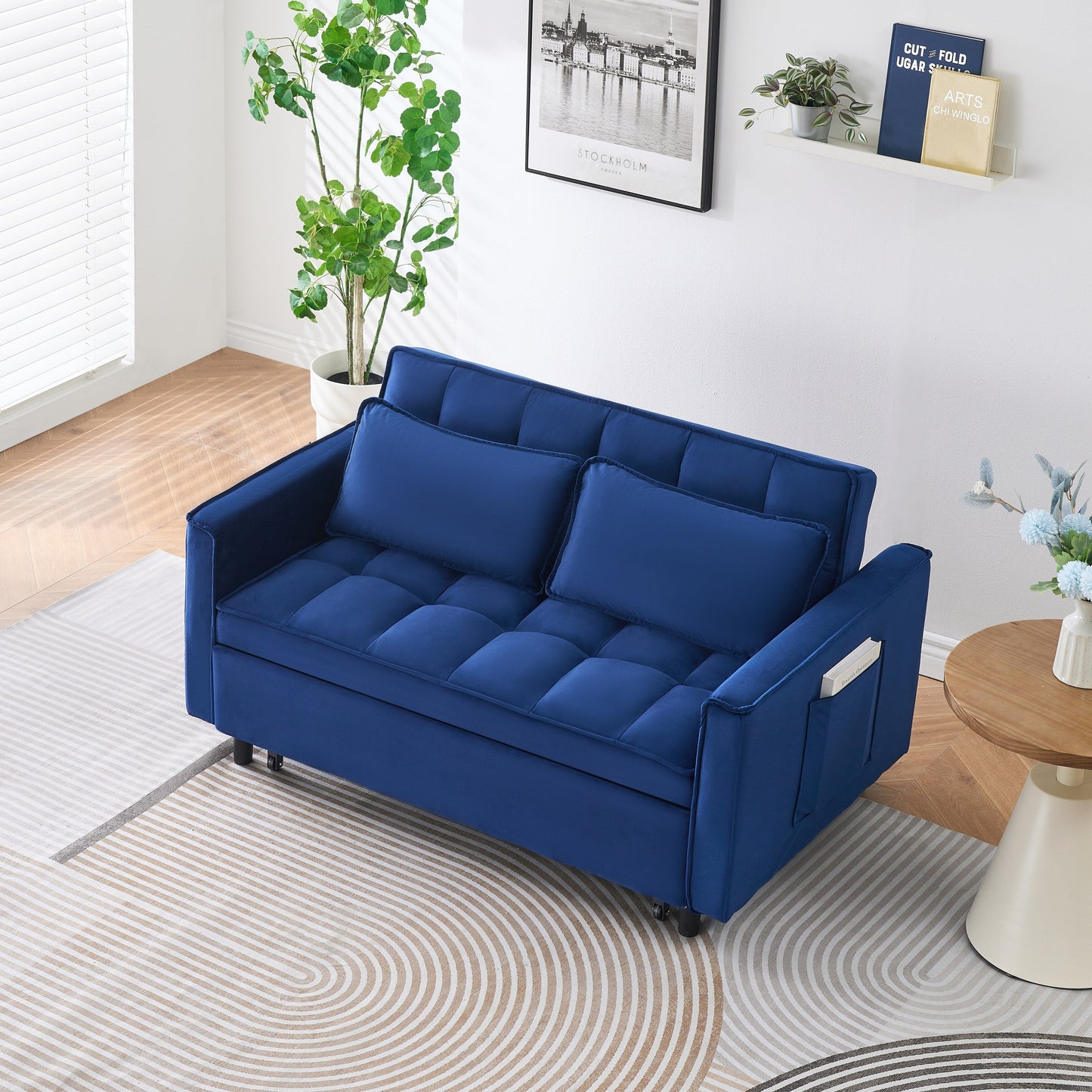 Canapé convertible 3 en 1 en velours bleu de 55 pouces avec poches