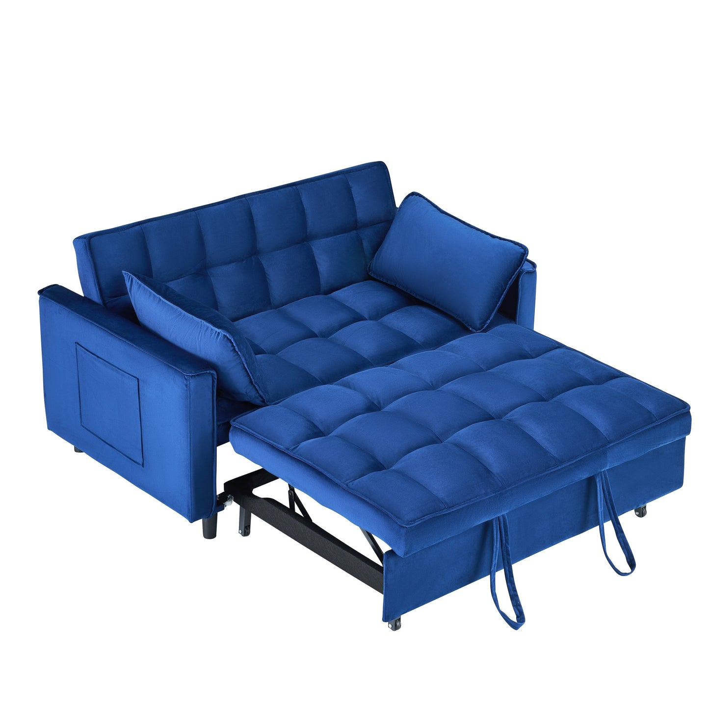 Canapé convertible 3 en 1 en velours bleu de 55 pouces avec poches