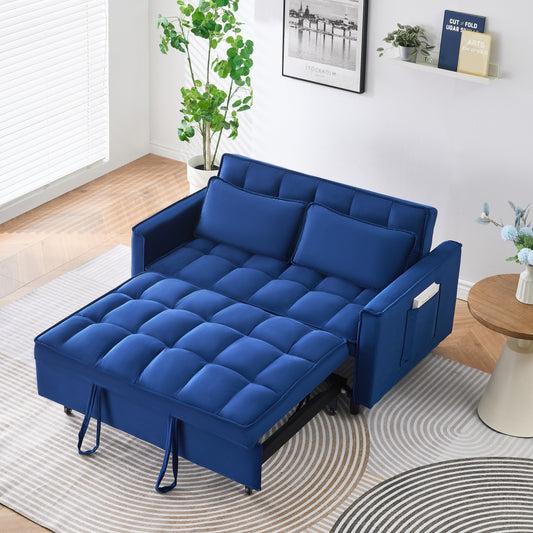 Canapé convertible 3 en 1 en velours bleu de 55 pouces avec poches