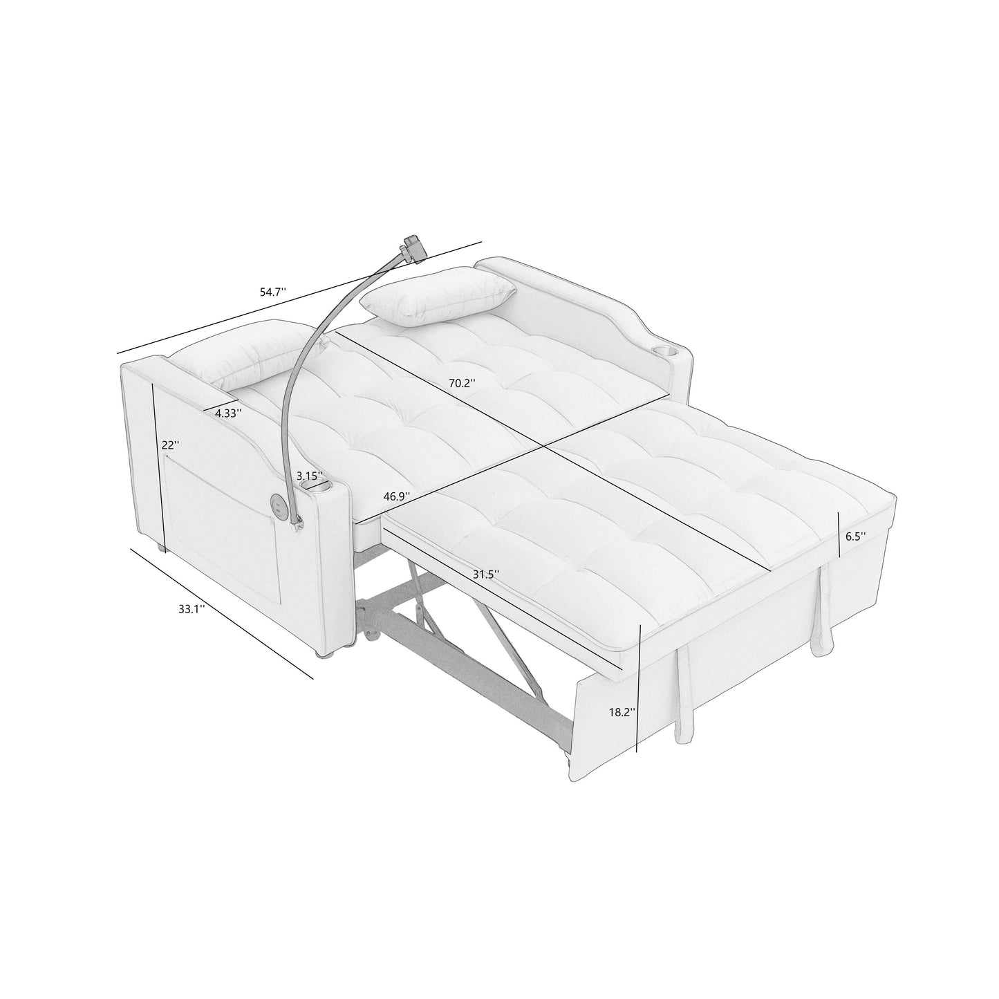 Canapé-lit pliant multi-positions en daim 55.11 avec port de chargement USB, support de téléphone rotatif et cendrier