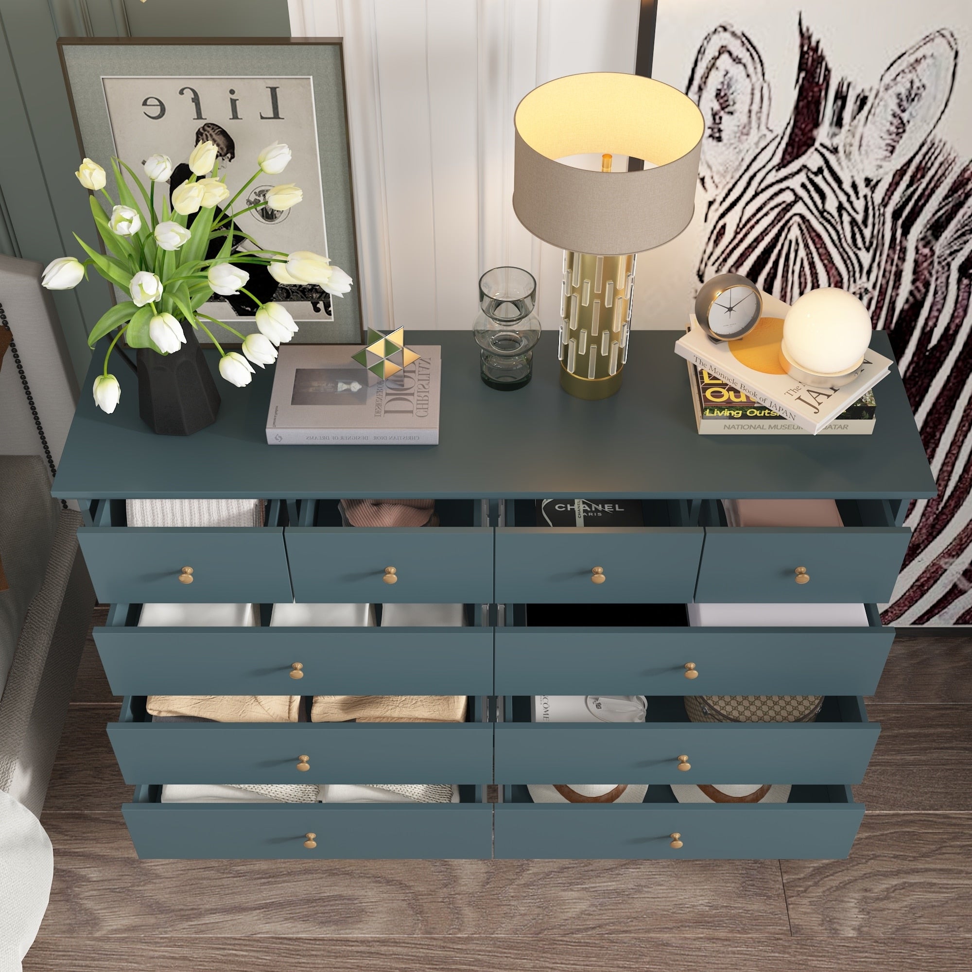 Commode double de 55,1 po de large avec tiroirs de rangement