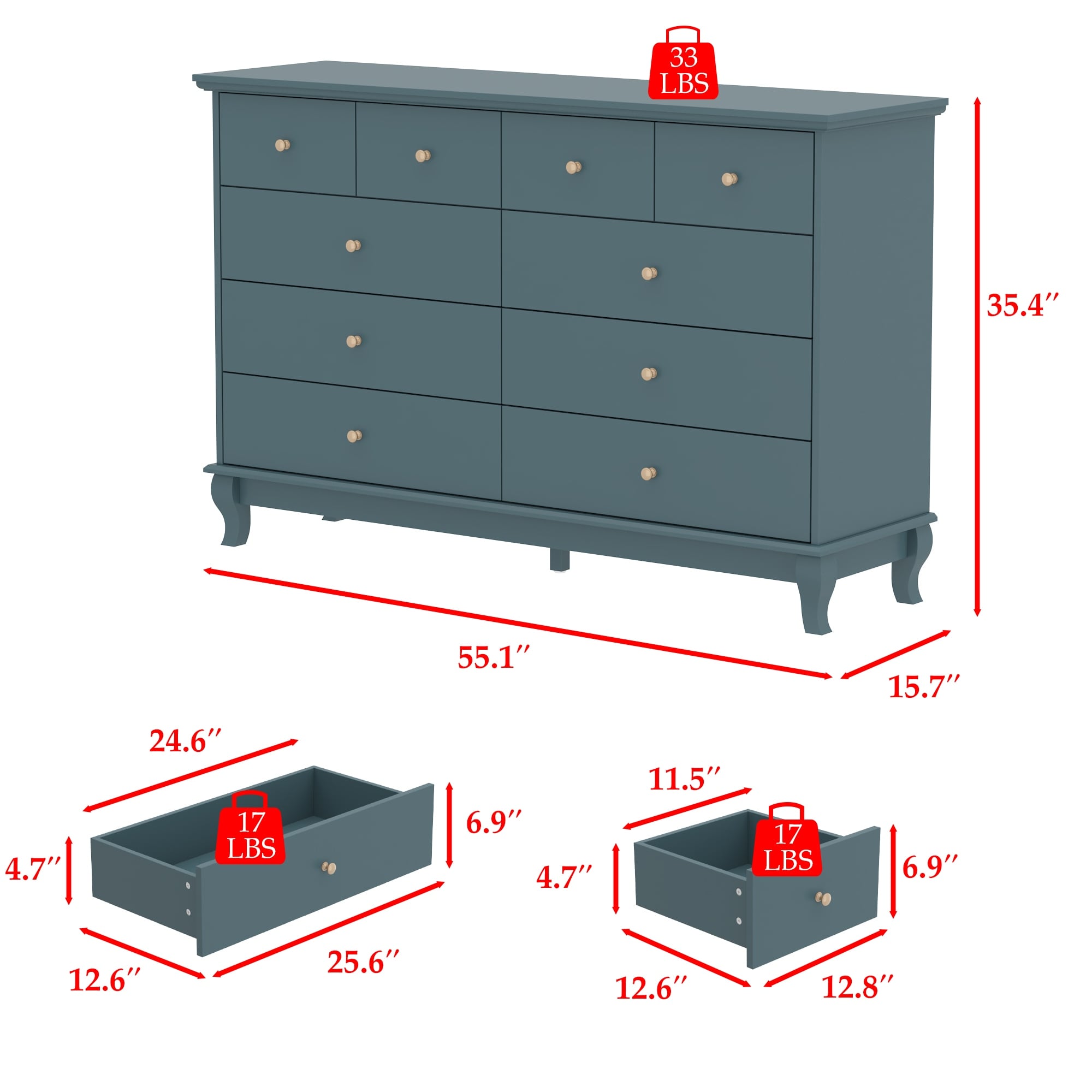 Commode double de 55,1 po de large avec tiroirs de rangement