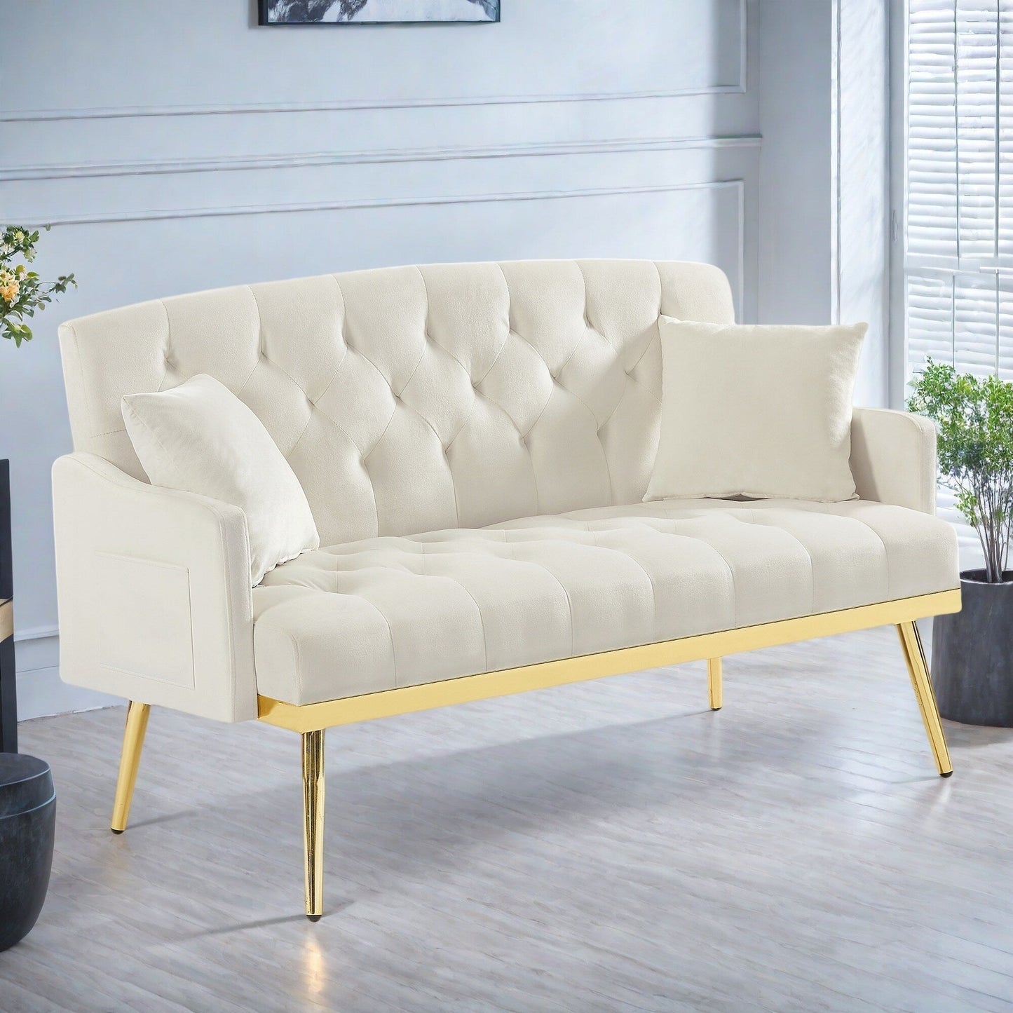 Canapé 2 places en velours 55,5 avec 2 coussins, design contemporain et montage facile