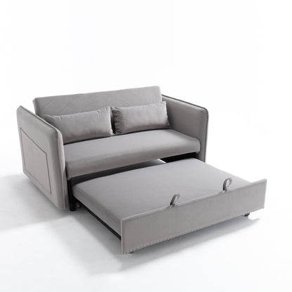 Canapé-lit convertible 3 en 1 en velours de 55 pouces avec dossier inclinable, poches latérales et 2 oreillers
