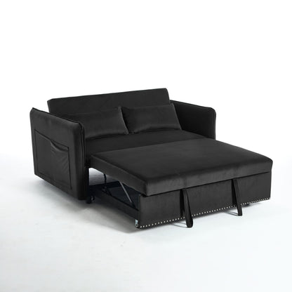 Canapé-lit convertible 3 en 1 en velours de 55 pouces avec dossier inclinable, poches latérales et 2 oreillers