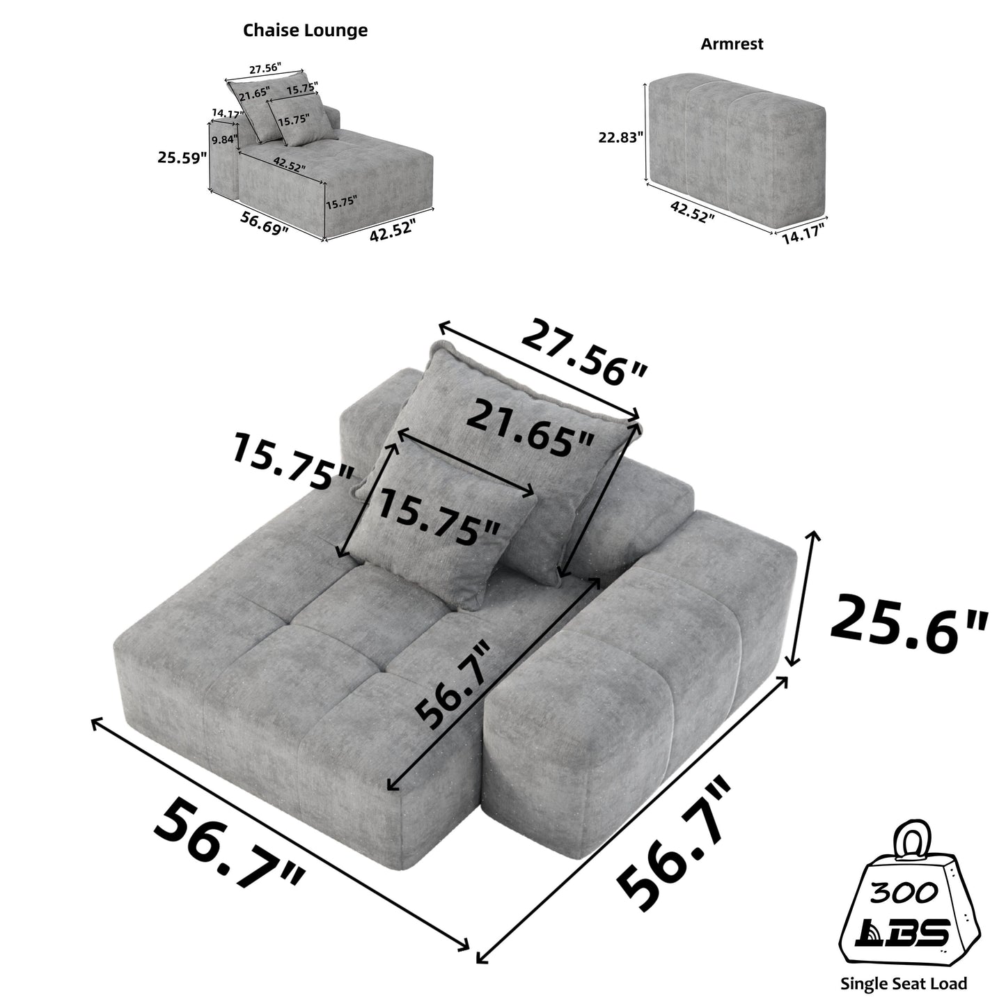 Canapé 2 places en mousse 56,7 avec 2 coussins pour salon et chambre