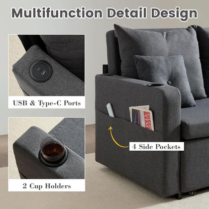 Canapé-lit convertible 3 en 1 de 56 pouces - Canapé-lit gigogne avec porte-gobelets et ports USB, gris foncé pour le salon