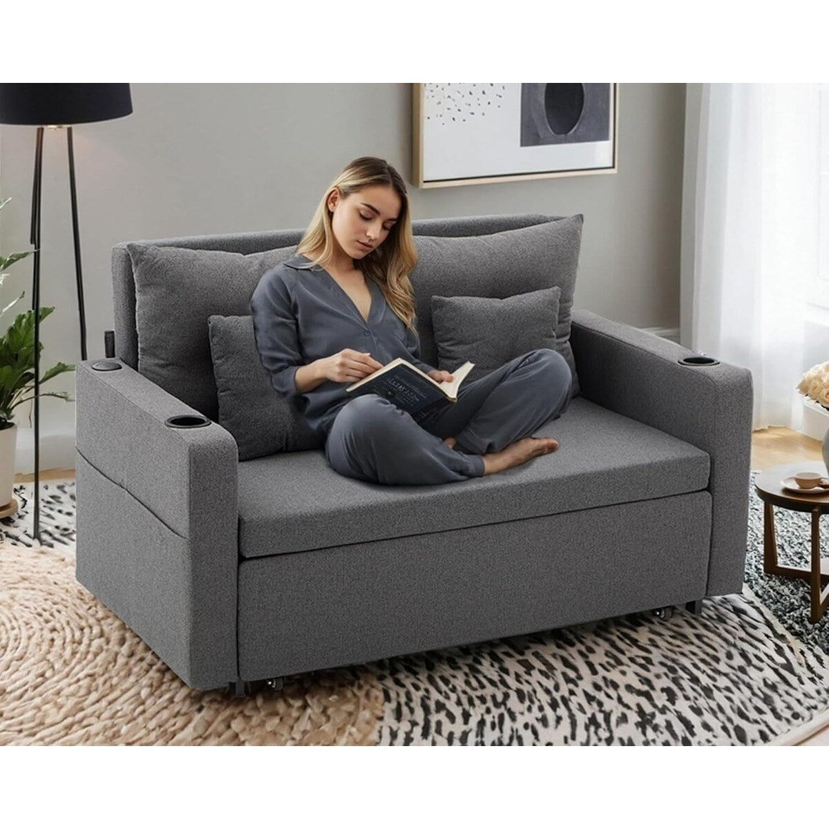 Canapé-lit convertible 3 en 1 de 56 pouces - Canapé-lit gigogne avec porte-gobelets et ports USB, gris foncé pour le salon