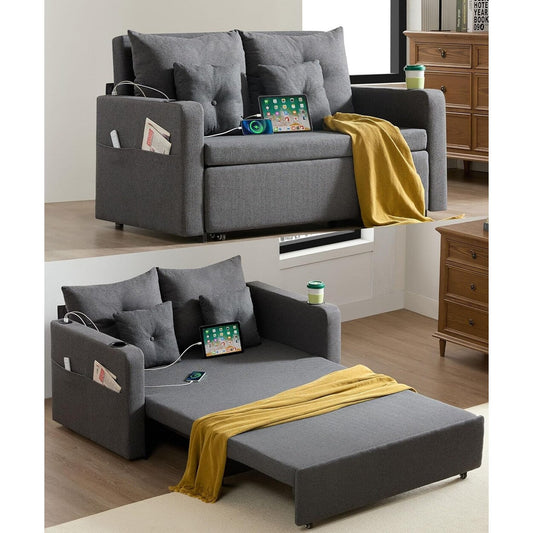 Canapé-lit convertible 3 en 1 de 56 pouces - Canapé-lit gigogne avec porte-gobelets et ports USB, gris foncé pour le salon