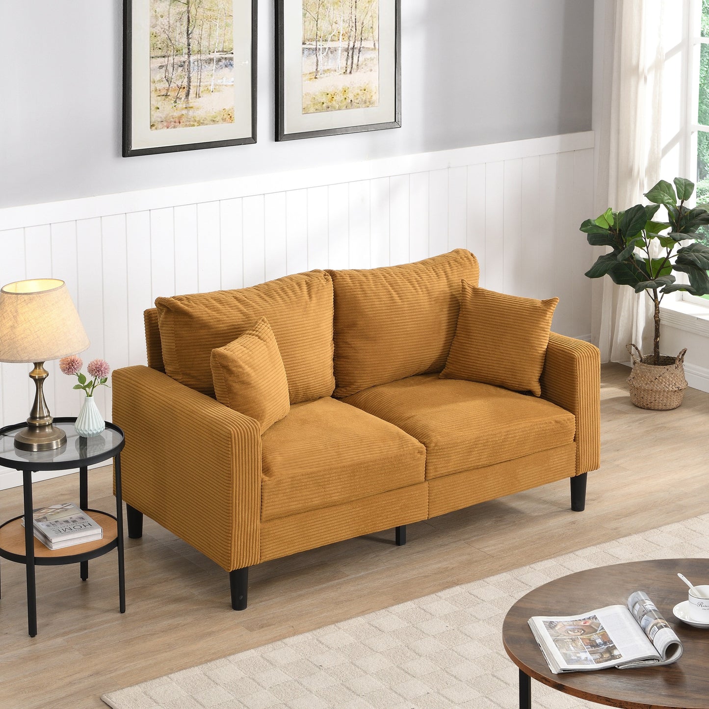 Causeuse haute résilience 57 pouces, cadre en bois, 2 places, confortable, petit espace, moderne, rembourrée, orange