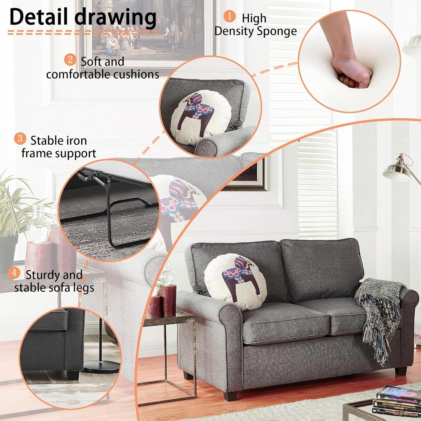Canapé causeuse en lin 57,1 pouces avec accoudoirs roulés, matelas en mousse à mémoire de forme et pieds en plastique pour le salon