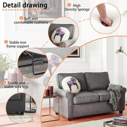 Canapé causeuse en lin 57,1 pouces avec accoudoirs roulés, matelas en mousse à mémoire de forme et pieds en plastique pour le salon