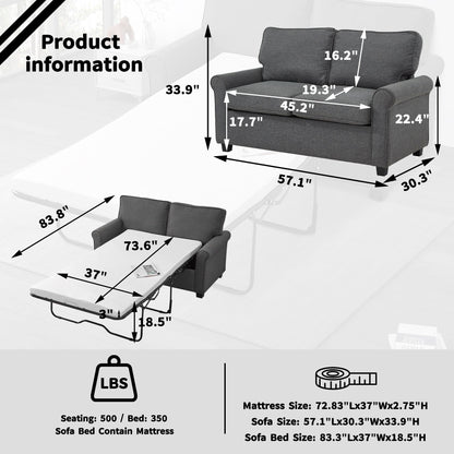 Canapé causeuse en lin 57,1 pouces avec accoudoirs roulés, matelas en mousse à mémoire de forme et pieds en plastique pour le salon