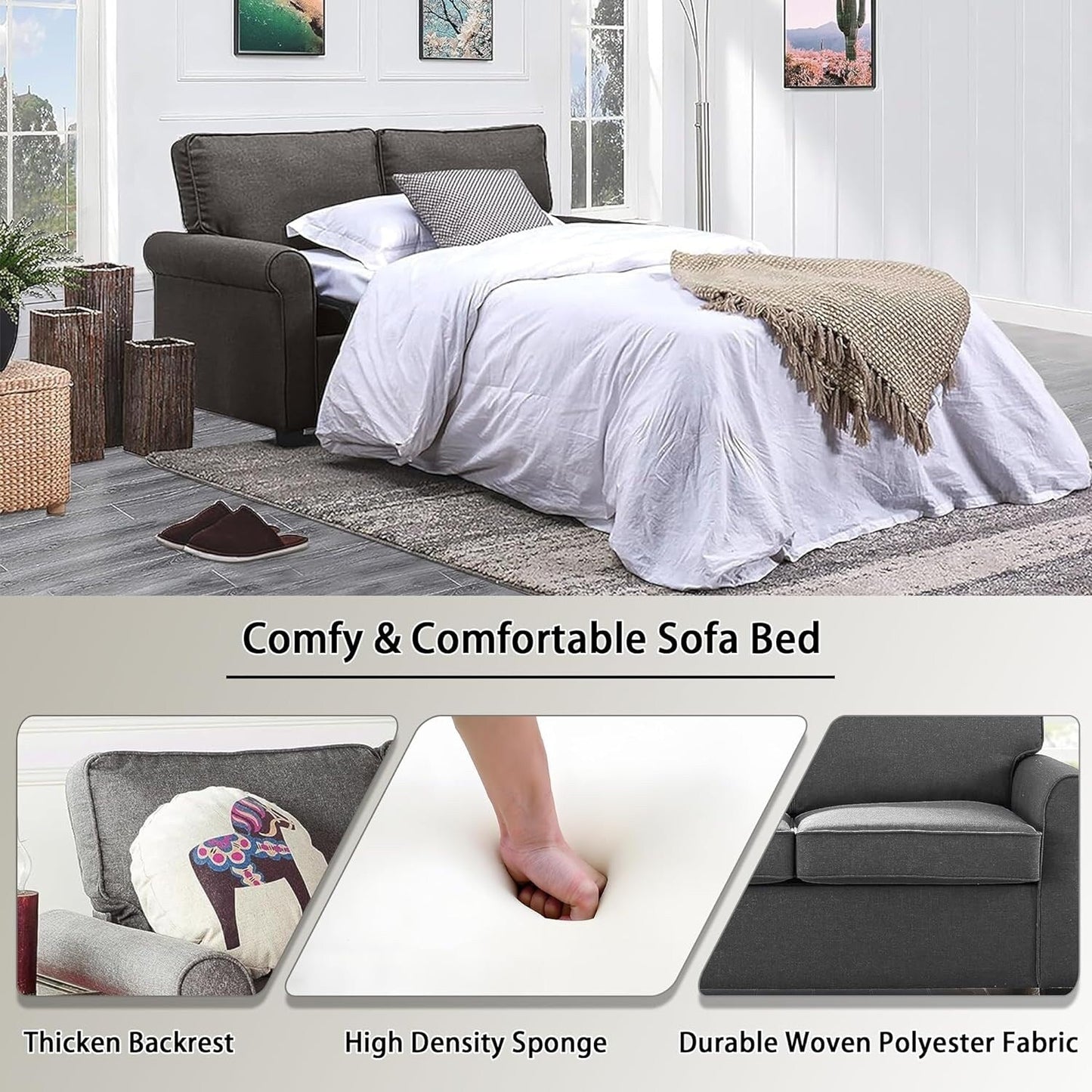 Canapé causeuse en lin 57,1 pouces avec accoudoirs roulés, matelas en mousse à mémoire de forme et pieds en plastique pour le salon