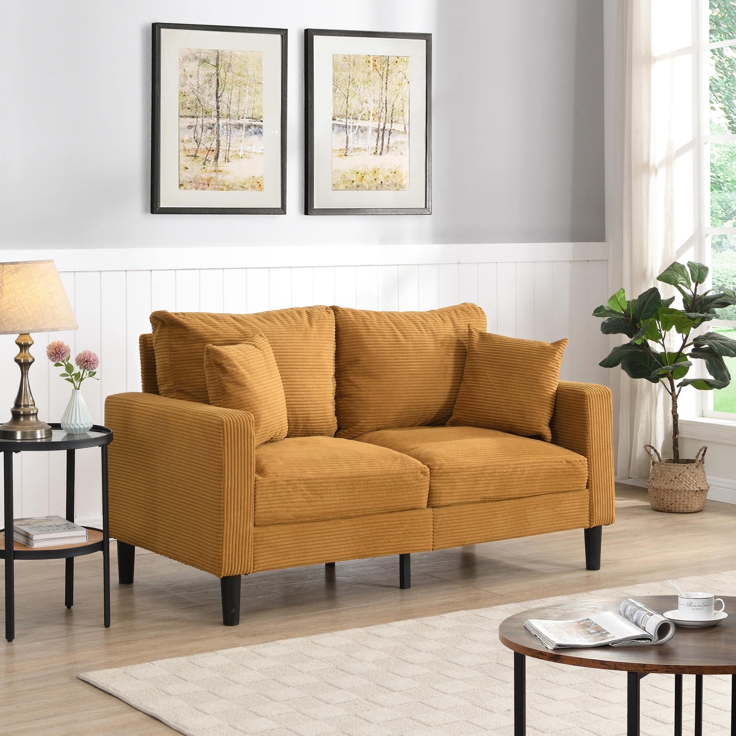 Canapé moderne rembourré avec 2 oreillers et coussin en mousse haute densité, cadre en bois pour salon et bureau