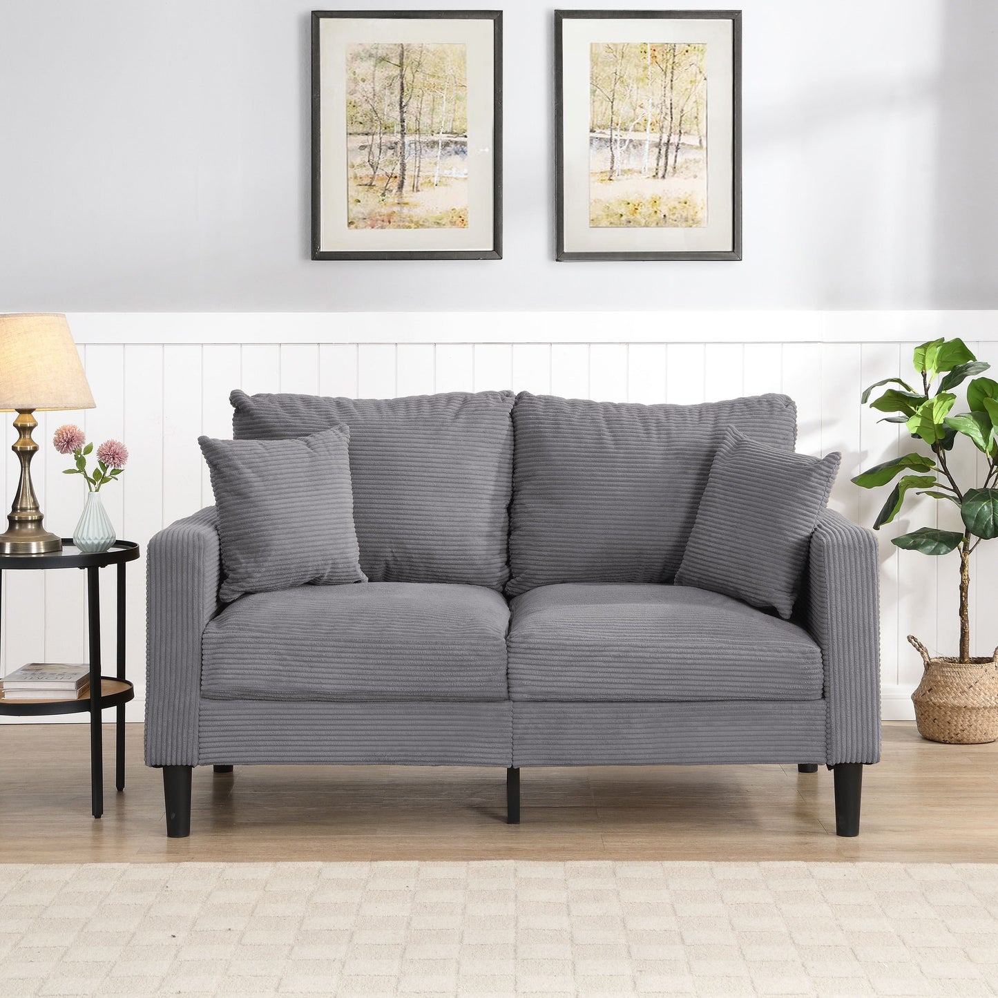 Canapé moderne rembourré avec 2 oreillers et coussin en mousse haute densité, cadre en bois pour salon et bureau