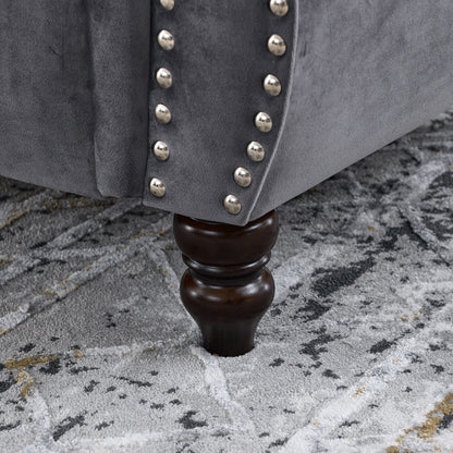 Canapé Chesterfield 2 places en velours 58,8 avec accoudoirs roulés, garniture cloutée et 2 coussins