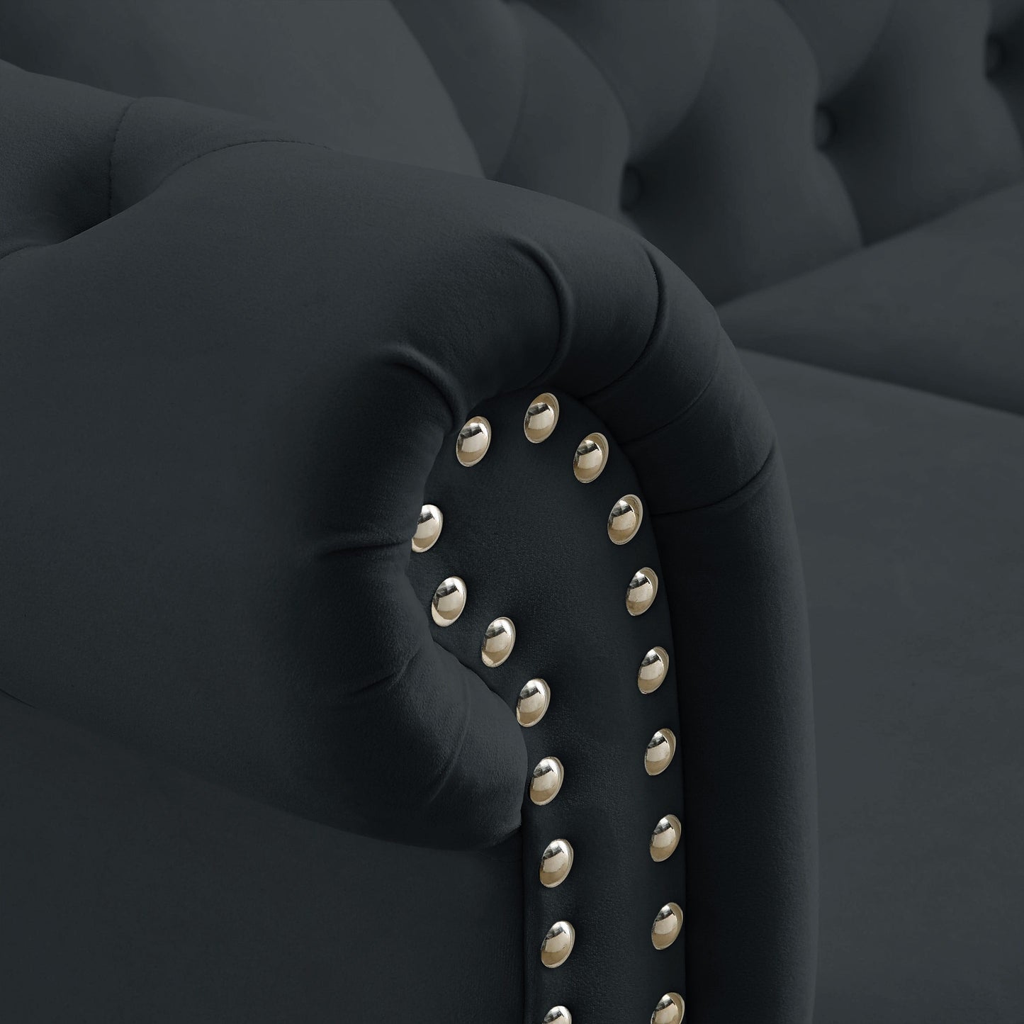 Canapé Chesterfield 2 places en velours 58,8 avec accoudoirs roulés, garniture cloutée et 2 coussins