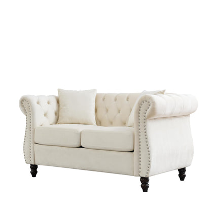 Canapé Chesterfield 2 places en velours 58,8 avec accoudoirs roulés, garniture cloutée et 2 coussins