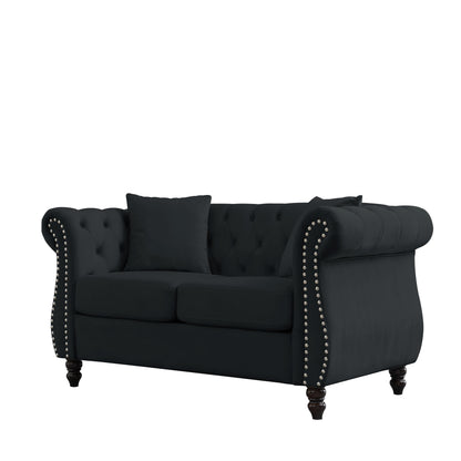 Canapé Chesterfield 2 places en velours 58,8 avec accoudoirs roulés, garniture cloutée et 2 coussins