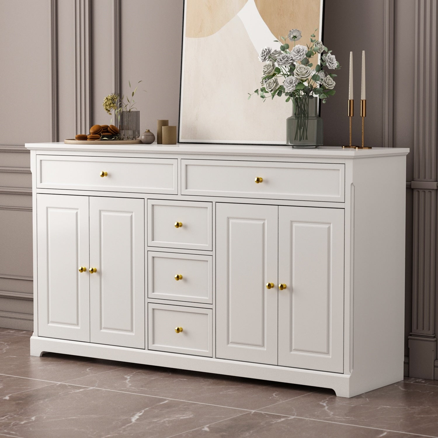 Buffet blanc laqué de 59,1 pouces, style contemporain et moderne du milieu du siècle